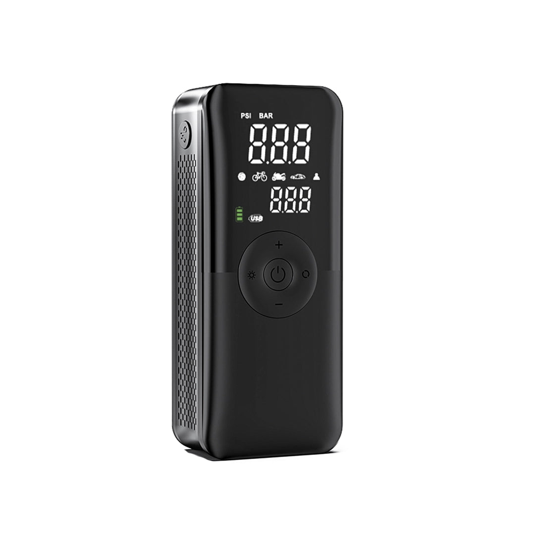 Portable digital tire inflator with LED display, showing pressure settings for cars, bikes, and sports equipment, compact design ideal for on-the-go use.