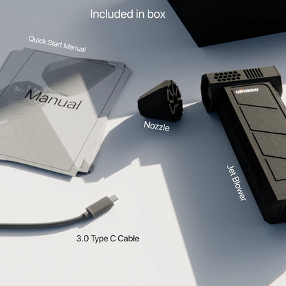 Box contents for UPHERO Jet Blower, including the device, nozzle, 3.0 Type C cable, and quick start manual for easy setup.