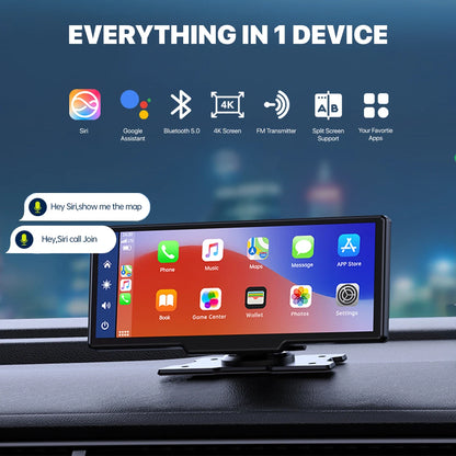 All-in-one CarPlay wireless screen featuring Siri, Google Assistant, Bluetooth 5.0, 4K display, FM transmitter, split-screen support, and app integration for a seamless driving experience.