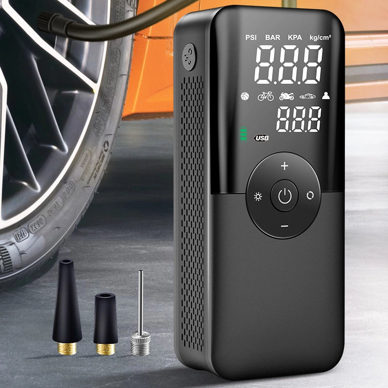 Portable digital tire inflator with LED display for cars, bikes, and sports equipment, shown with various nozzles.