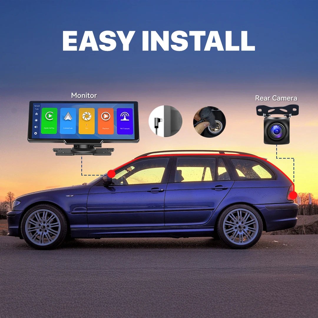 Easy installation guide for CarPlay wireless screen with rear camera, showing monitor setup and connections on a blue car at sunset.