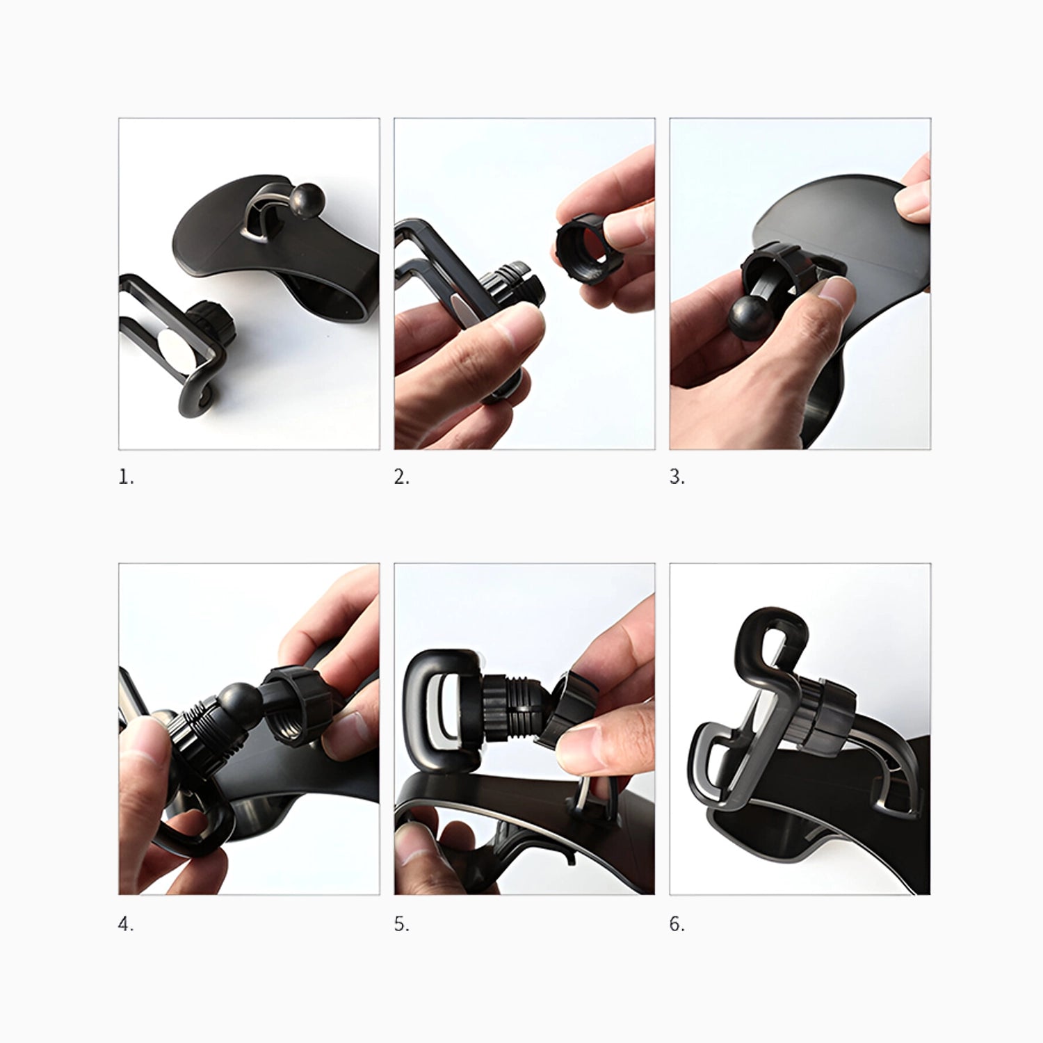 Step-by-step instruction images showing the assembly of a car dashboard mount, from parts to completed setup
