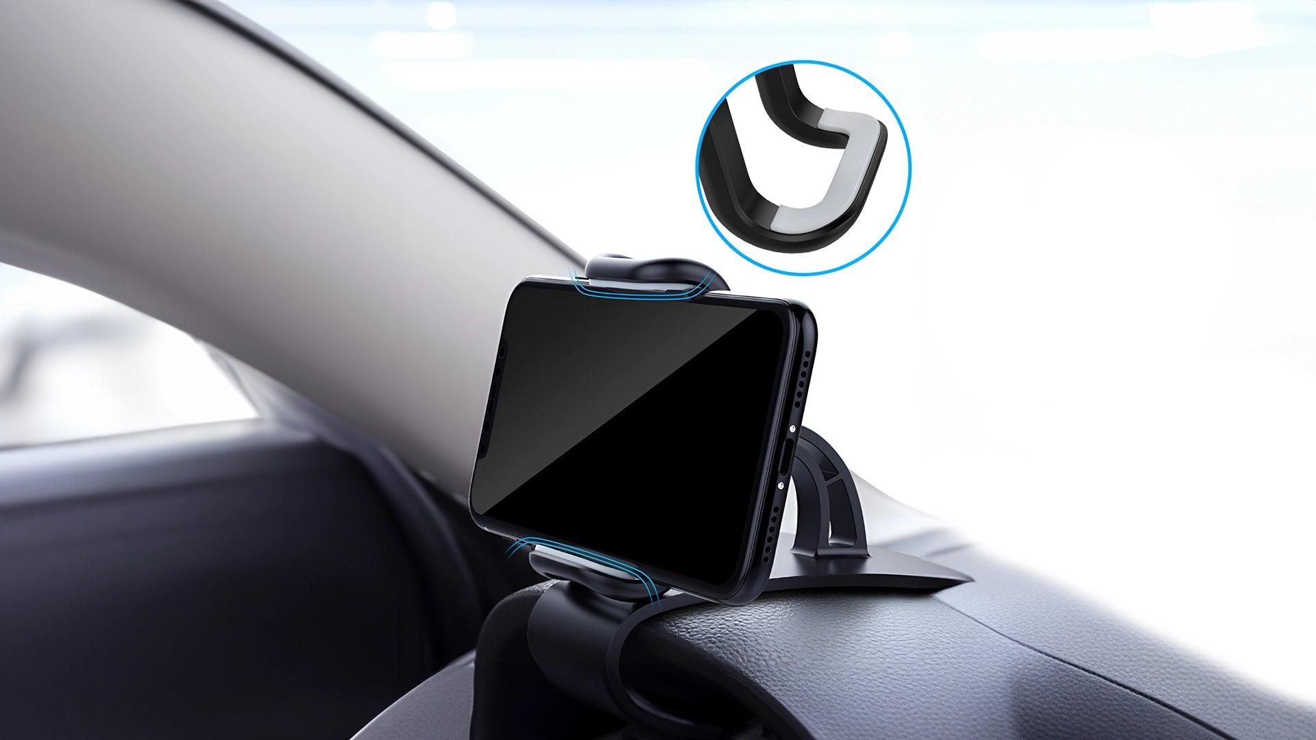 CarPlay screen mounted on a dashboard stand with a flexible gooseneck, providing a customizable viewing angle for the driver.