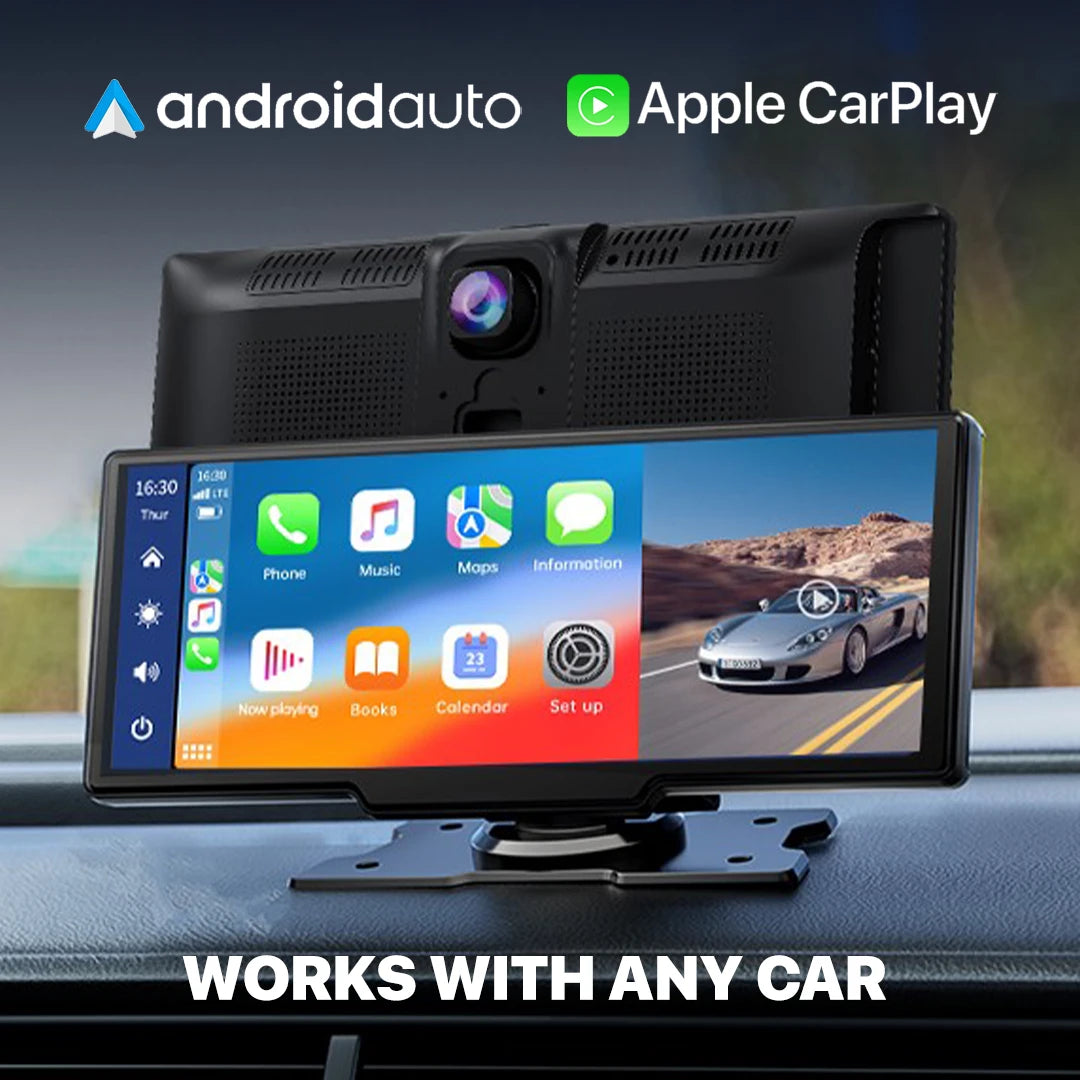 CarPlay wireless screen compatible with Android Auto and Apple CarPlay, displayed on a dashboard mount, suitable for any car model.