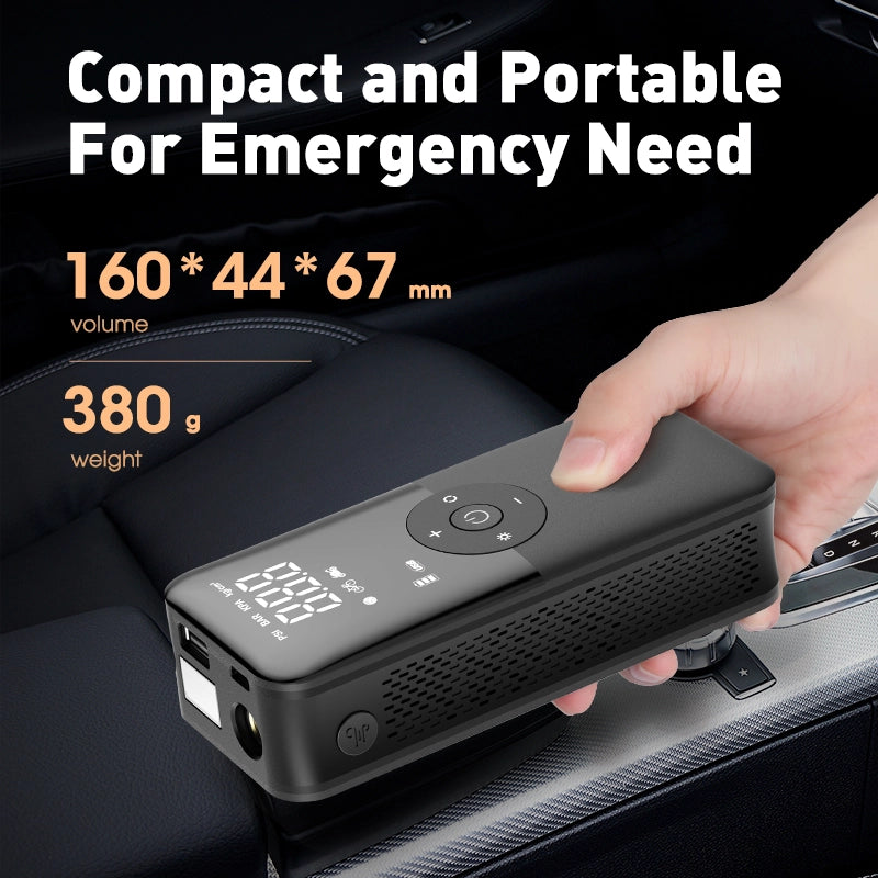 Compact portable digital tire inflator for emergency use, lightweight at 380 grams and small dimensions of 160x44x67 mm, ideal for car storage.