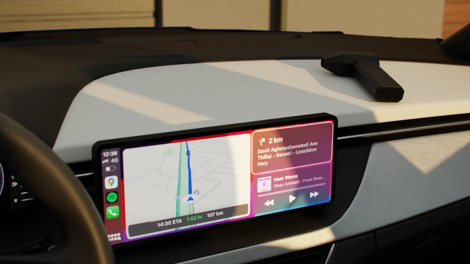 CarPlay screen mounted on a car dashboard displaying a GPS navigation map with upcoming turn information, enhancing the driving experience with smart technology